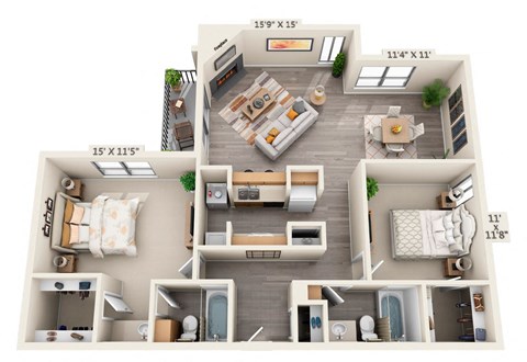 Floor plan for 2 beds, 2 baths, 1245 sqft